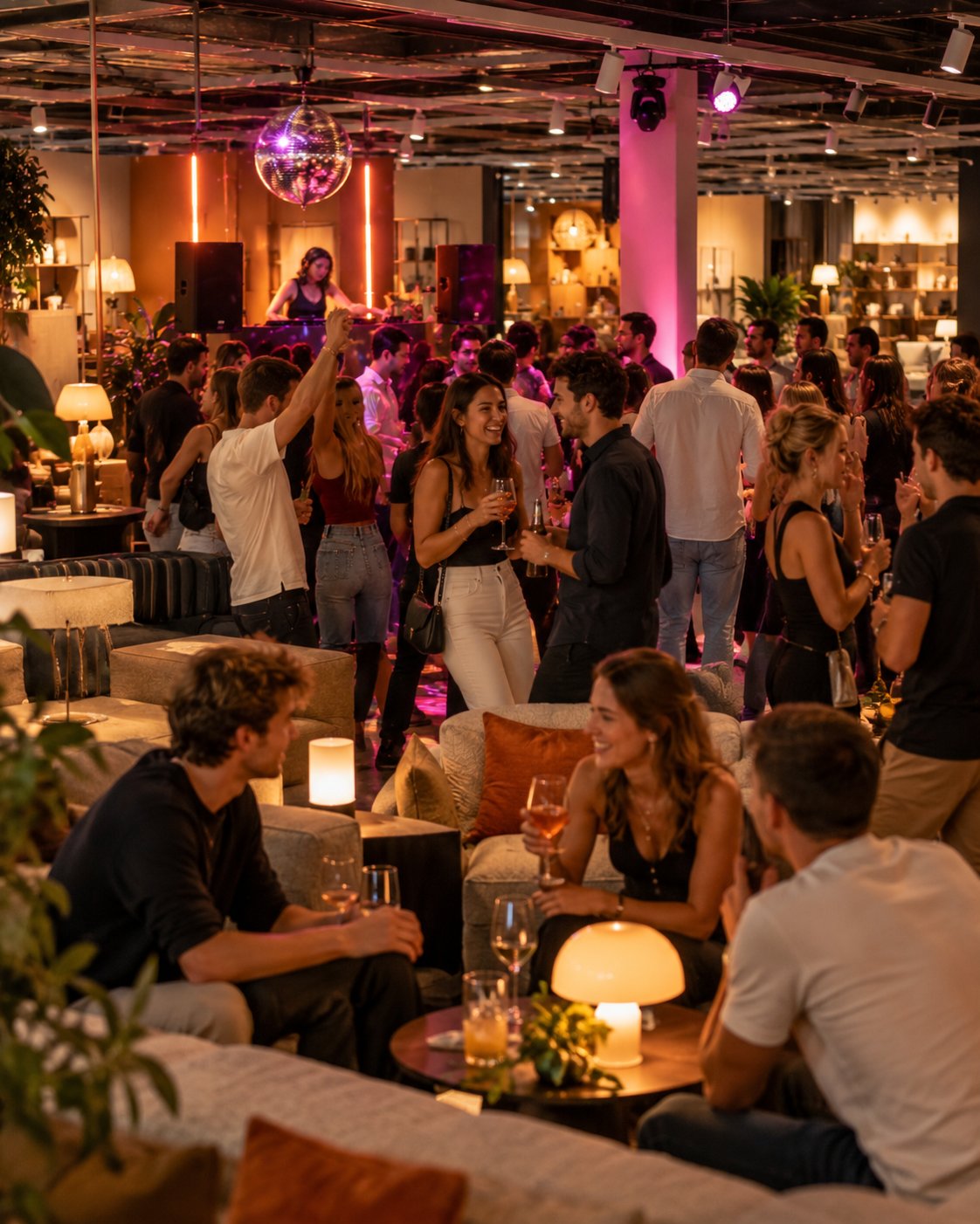 Party im Livique Store mit Discokugel und pinken Lichtern